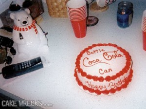 I want a "Coke" cake - with "Coca-Cola" in the middle with a bottle above it and can below.